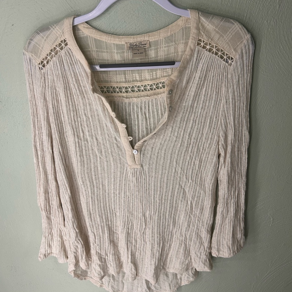 Lucky Brand Cream Ribbed Blouse, 3/4 Sleeves